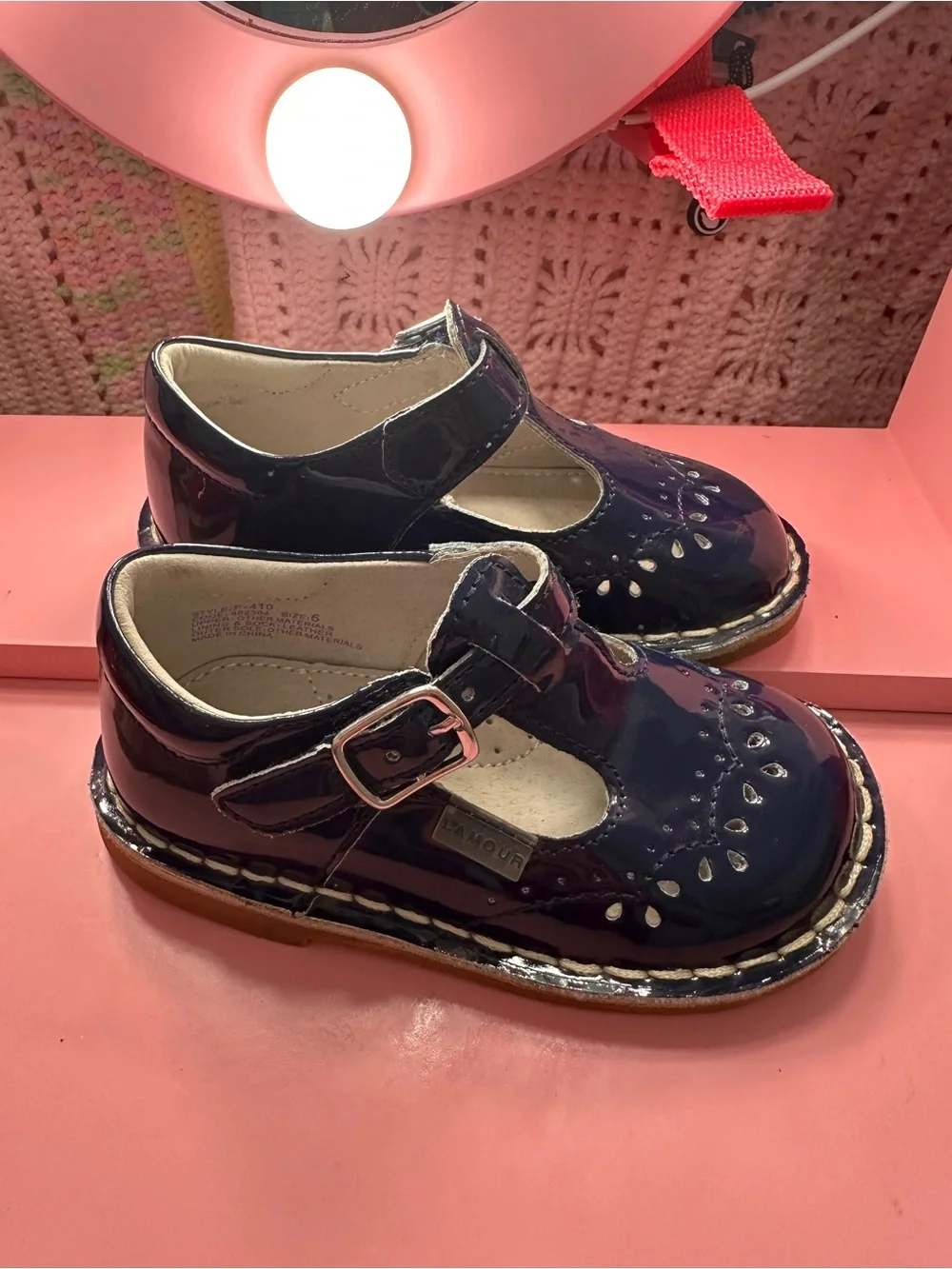 L'Amour Girls Navy Patent T-Strap Dress Shoes with Buckle